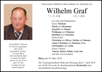 Traueranzeige von Wilhelm Graf von Neue Presse Coburg