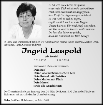 Traueranzeige von Ingrid Leupold von Südthüringer Presse