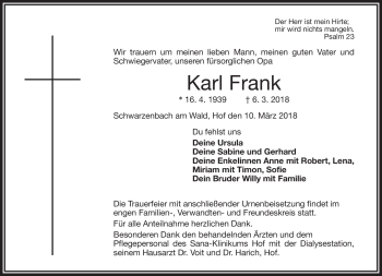 Traueranzeige von Karl Frank von Frankenpost