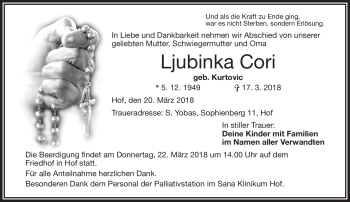 Traueranzeige von Ljubinka Cori von Frankenpost