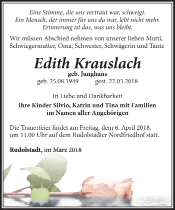 Traueranzeige von Edith Krauslach von Südthüringer Presse