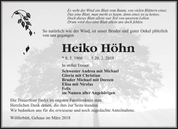 Traueranzeige von Heiko Höhn von Südthüringer Presse