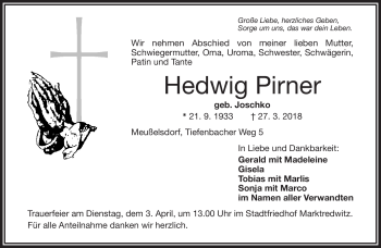 Traueranzeige von Hedwig Pirner von Frankenpost
