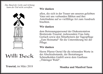 Traueranzeige von Willi Beck von Südthüringer Presse