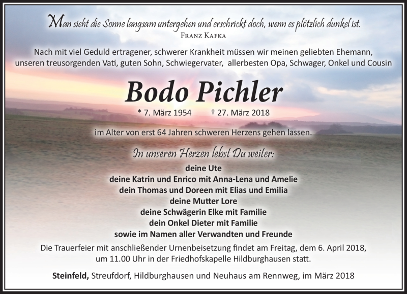  Traueranzeige für Bodo Pichler vom 31.03.2018 aus Südthüringer Presse