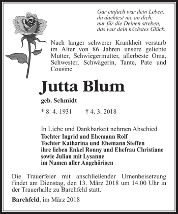 Traueranzeige von Jutta Blum von Südthüringer Presse