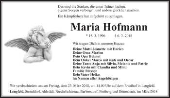 Traueranzeige von Maria Hofmann von Südthüringer Presse