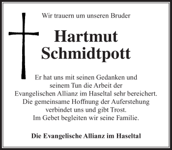 Traueranzeige von Hartmut Schmidtpott von Südthüringer Presse