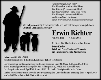 Traueranzeige von Erwin Richter von Südthüringer Presse