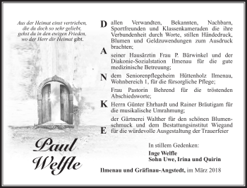 Traueranzeige von Paul Welfle von Südthüringer Presse