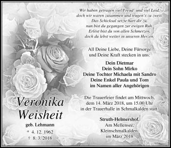 Traueranzeige von Veronika Weisheit von Südthüringer Presse