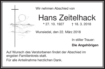Traueranzeige von Hans Zeitelhack von Frankenpost
