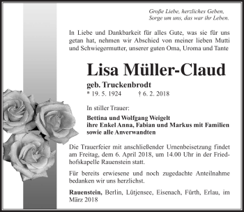 Traueranzeige von Lisa Müller-Claud von Südthüringer Presse