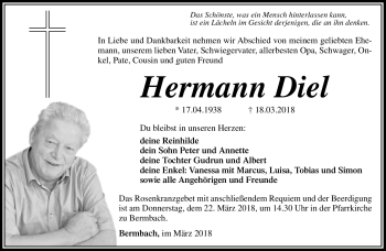 Traueranzeige von Hermann Diel von Südthüringer Presse
