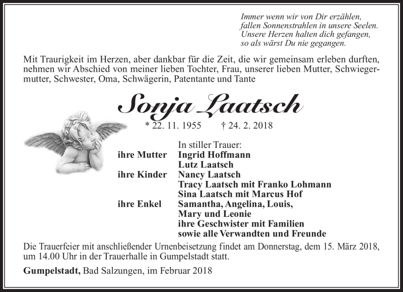  Traueranzeige für Sonja Laatsch vom 10.03.2018 aus Südthüringer Presse