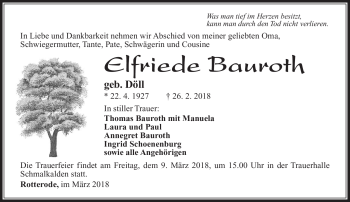 Traueranzeige von Elfriede Bauroth von Südthüringer Presse