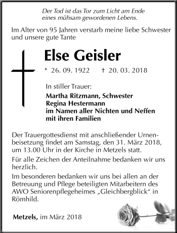 Traueranzeige von Else Geisler von Südthüringer Presse