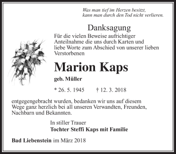 Traueranzeige von Marion Kaps von Südthüringer Presse