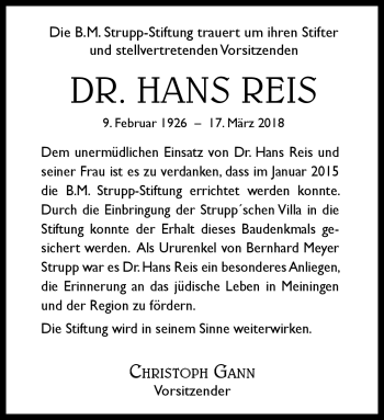 Traueranzeige von Hans Reis von Südthüringer Presse
