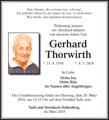 Traueranzeige von Gerhard Thorwirth von Südthüringer Presse