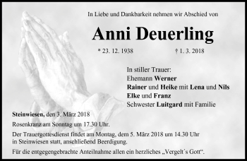 Traueranzeige von Anni Deuerling von Neue Presse Coburg