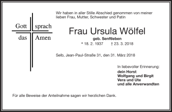 Traueranzeige von Ursula Wölfel von Frankenpost