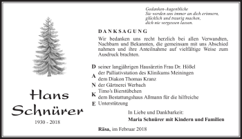 Traueranzeige von Hans Schnürer von Südthüringer Presse