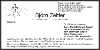 Traueranzeige von Björn Zeitler von Frankenpost