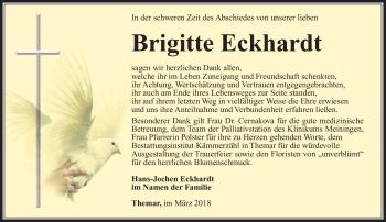 Traueranzeige von Brigitte Eckhardt von Südthüringer Presse