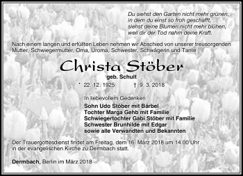 Traueranzeige von Christa Stöber von Südthüringer Presse