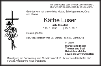 Traueranzeige von Käthe Luser von Frankenpost