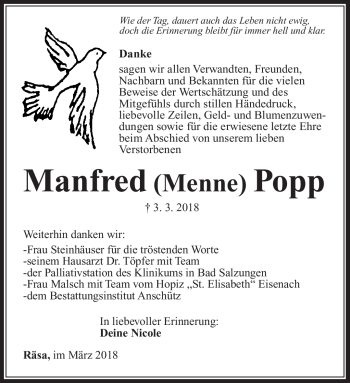 Traueranzeige von Manfred Popp von Südthüringer Presse