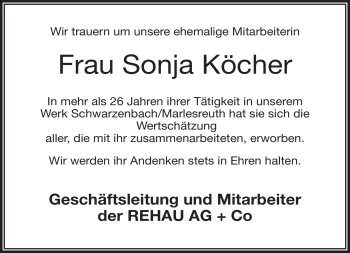 Traueranzeige von Sonja Köcher von Frankenpost