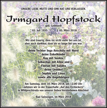 Traueranzeige von Irmgard Hopfstock von Südthüringer Presse