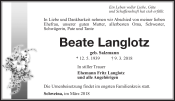 Traueranzeige von Beate Langlotz von Südthüringer Presse