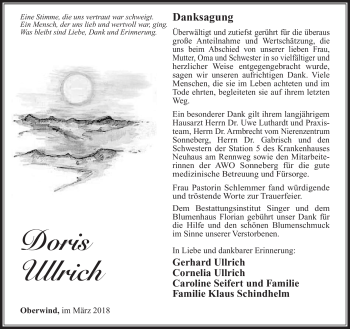Traueranzeige von Doris Ulrich von Südthüringer Presse