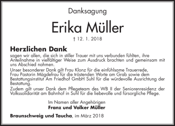 Traueranzeige von Erika Müller von Südthüringer Presse