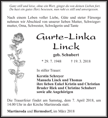 Traueranzeige von Gurte-Linka Linck von Südthüringer Presse