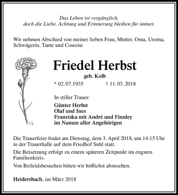 Traueranzeige von Friedel Herbst von Südthüringer Presse