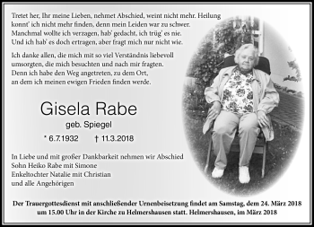 Traueranzeige von Gisela Rabe von Südthüringer Presse