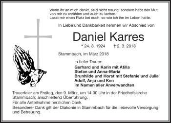 Traueranzeige von Daniel Karres von Frankenpost