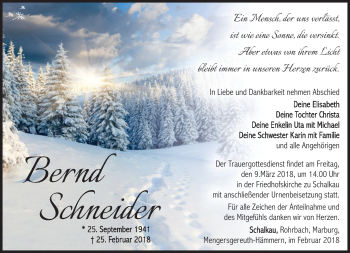 Traueranzeige von Bernd Schneider von Südthüringer Presse