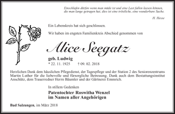 Traueranzeige von Alice Seegatz von Südthüringer Presse