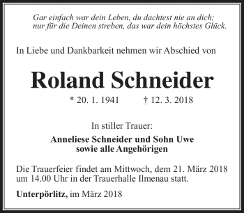 Traueranzeige von Roland Schneider von Südthüringer Presse