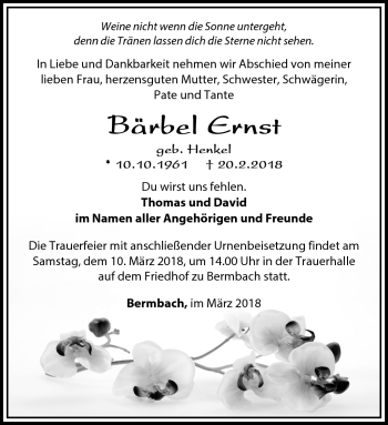 Traueranzeige von Bärbel Ernst von Südthüringer Presse