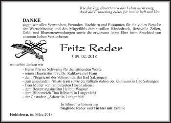 Traueranzeige von Fritz Reder von Südthüringer Presse