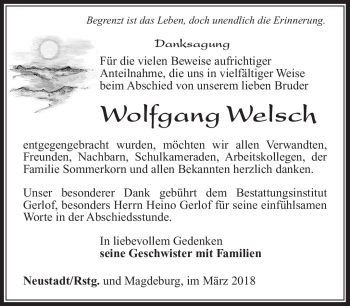 Traueranzeige von Wolfgang Welsch von Südthüringer Presse