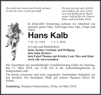 Traueranzeige von Hans Kalb von Südthüringer Presse