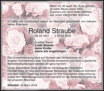 Traueranzeige von Roland Straube von Südthüringer Presse
