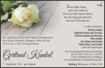 Traueranzeige von Gertrud Kunkel von Südthüringer Presse